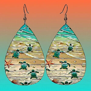 Ocean Baby Sea Turtles & Starfish Faux Leather Teardrop Dangle Earrings NEW